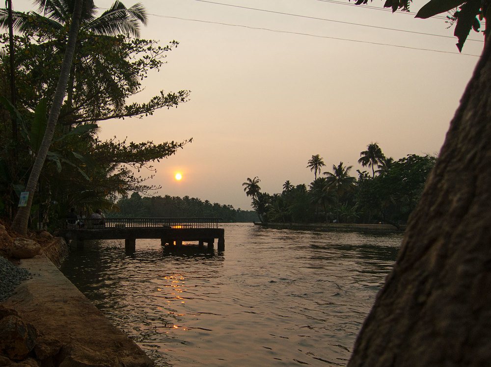Sunset over the Kerala backwater from the shore.