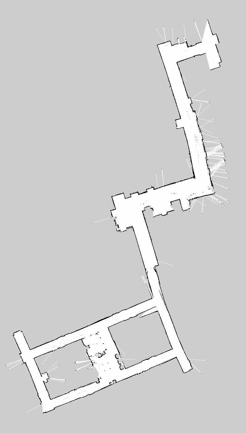 One of the maps we made that shows some of the issues we had. Many of the straight hallways sections are too short and curved slightly. Also, the loop closure is fairly poor here.