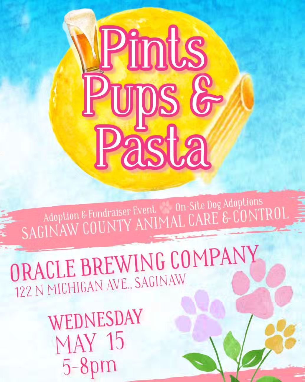 SAVE THE DATE!  The next Pints, Pups, &amp; Pasta event will be here on Wednesday, May 15 from 5-8pm. Free pasta provided by Artisan Urban Bistro.  Saginaw County Animal Care &amp; Control  will have some adorable pups here as well, come meet your ne