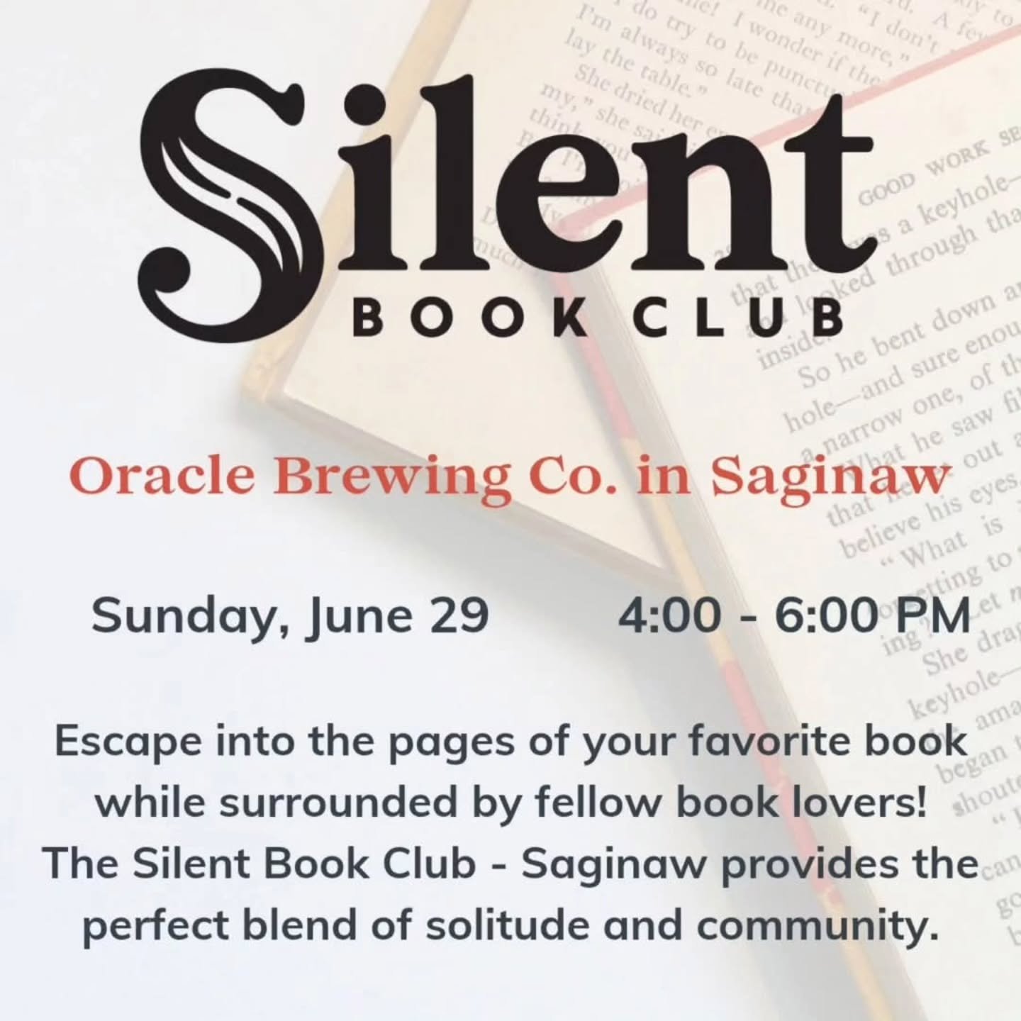 The next @sbcsaginaw silent reading event will be on Sunday, June 29th from 4-6pm. We'll also have a special guest, Jordan, setting up her Grown-Up Book Fair. She can help you find your next favorite book to read. 📚 🍺 📚 🍷 📚 😊 📚