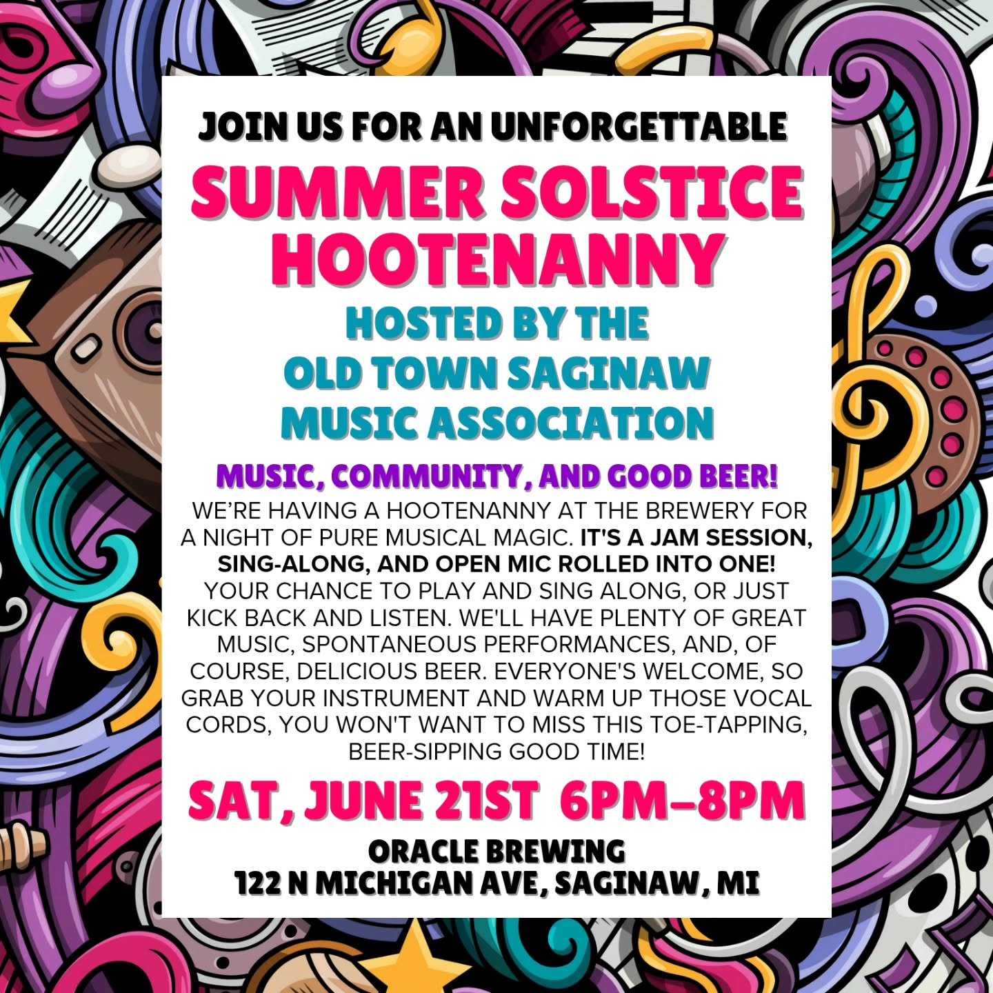 Live music Saturday, June 21st from 6pm to 8pm. Bring your vocals, instruments, friends, and thirst 😃 

#freemusic #livemusic #hootenanny #localbeer #supportsmallbusiness #supportlocalmusicians #craftbeer #oldtownsaginaw #openmic #performance #toeta