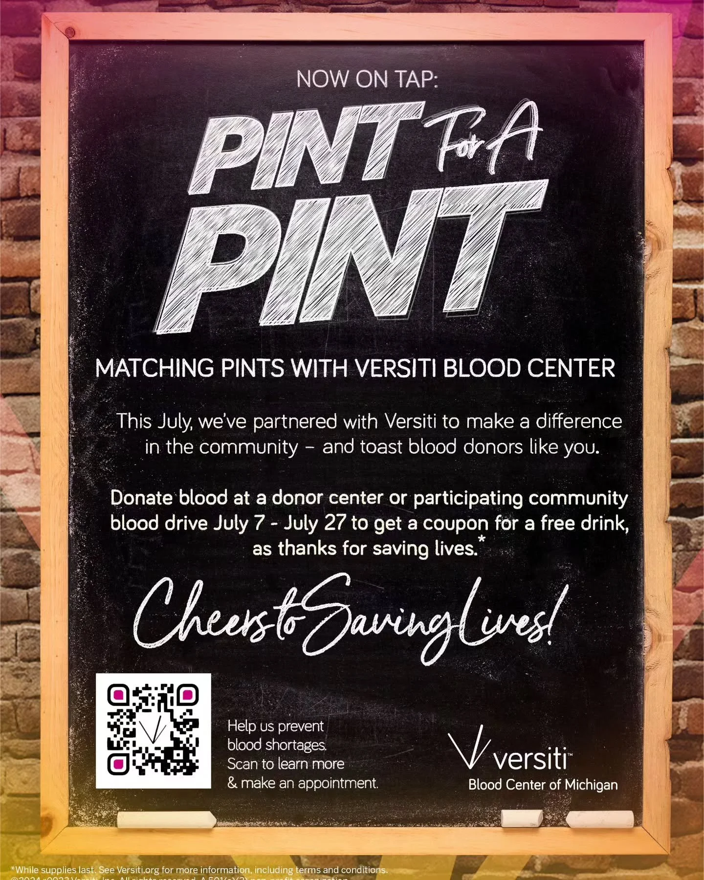We've partnered with @versitibloodcenterofmichigan for July's pint for a pint blood drive. This is going on now until July 27th! Donate a pint of blood and bring your coupon in to get a pint on us!