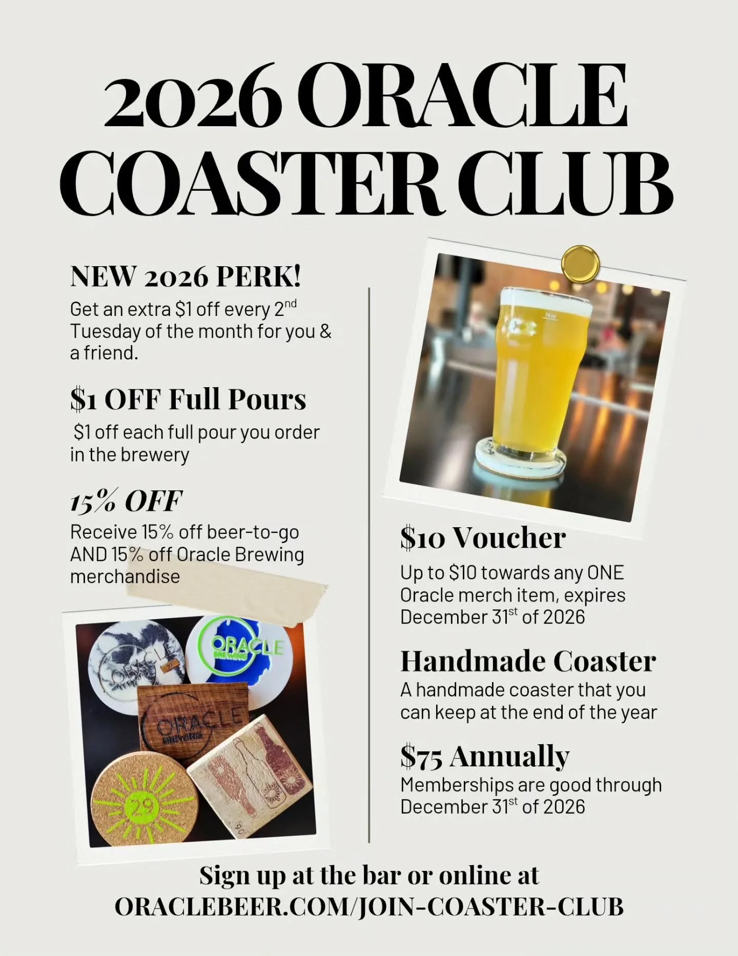 Our 2026 Coaster Club sign-up is now live! You can sign up at the brewery in person or online at oraclebeer.com/join-coaster-club

We've added a new perk for 2026:
Get an extra $1 off every 2nd Tuesday of the month for you &amp; a friend.