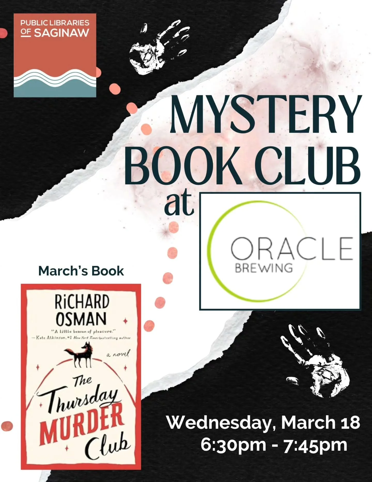 Join Carrie from the @publiclibrariesofsaginaw for our monthly Mystery Book Club. The book for this month is The Thursday Murder Club by Richard Osman. And next month's book will be Death in the Dark Woods by Annelise Ryan.