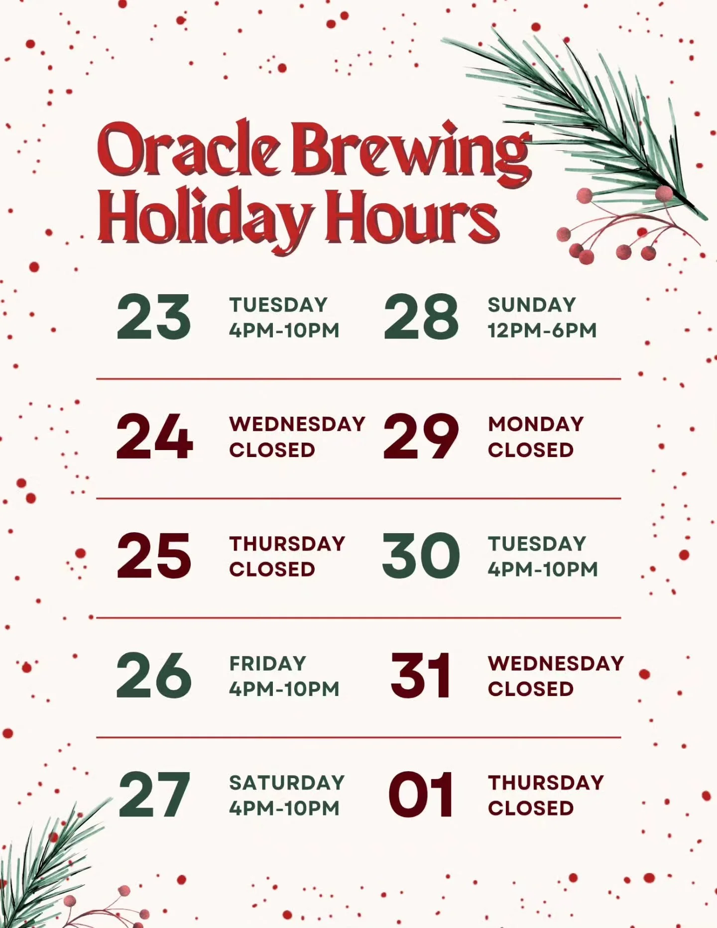 🎀 Oracle's Holiday Hours 🎀