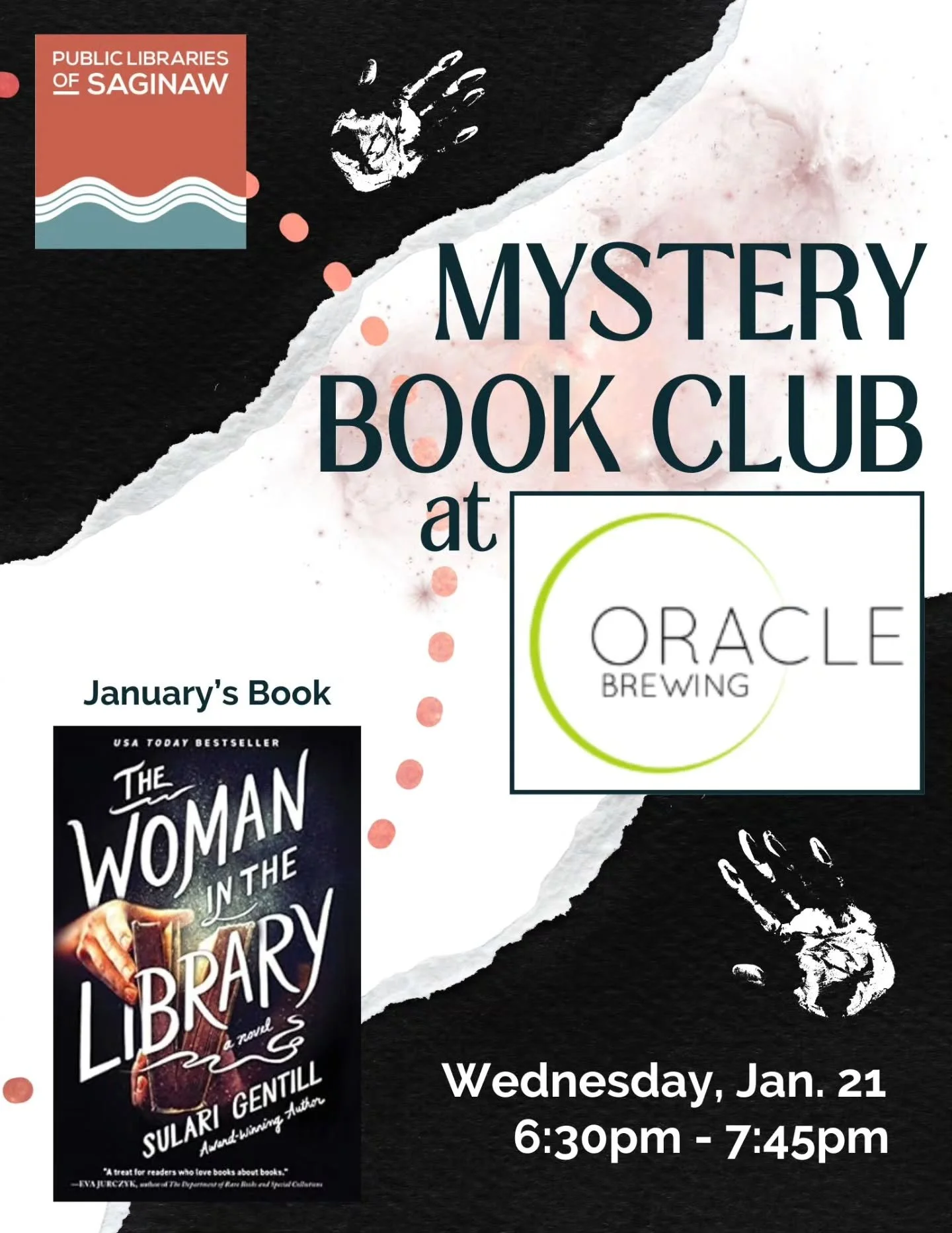 Join Carrie from the @publiclibrariesofsaginaw for our monthly Mystery Book Club. The book for this month is The Woman in the Library by Sulari Gentill. And next month's book will be The Dry by Jane Harper.