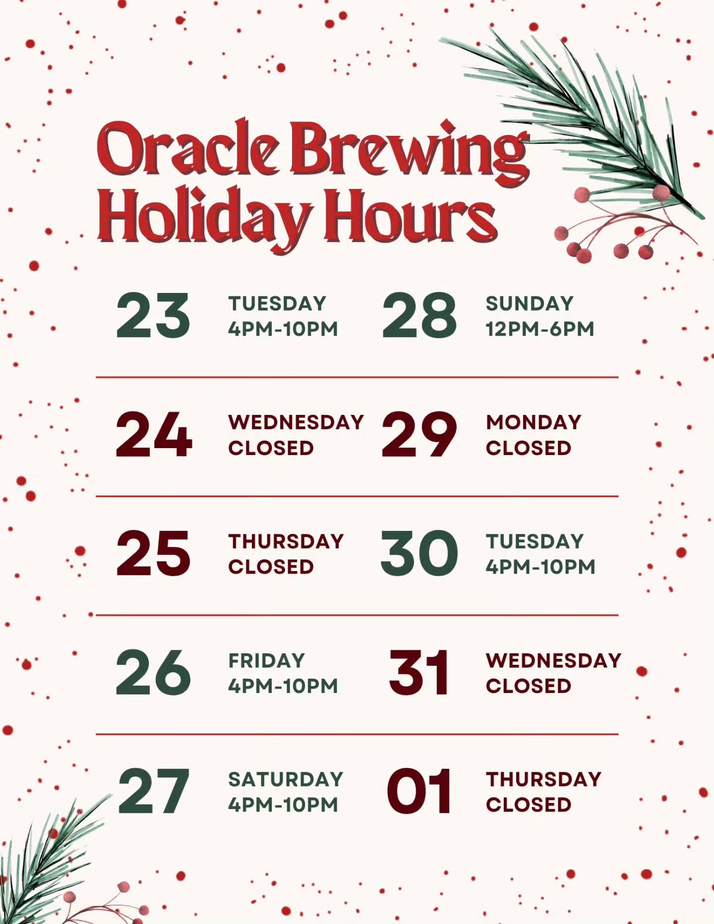 🎀 Oracle's Holiday Hours 🎀
