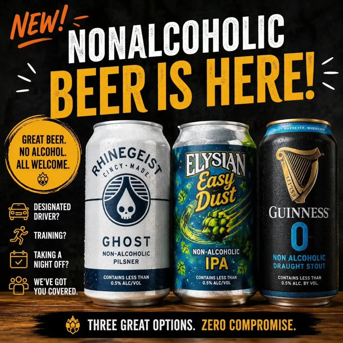 🍺 Big news&mdash;we've added nonalcoholic beer to the lineup!

Whether you're the designated driver, taking a break from alcohol, training for your next race, or just looking for a great beer without the buzz, we've got you covered.

Now available: 