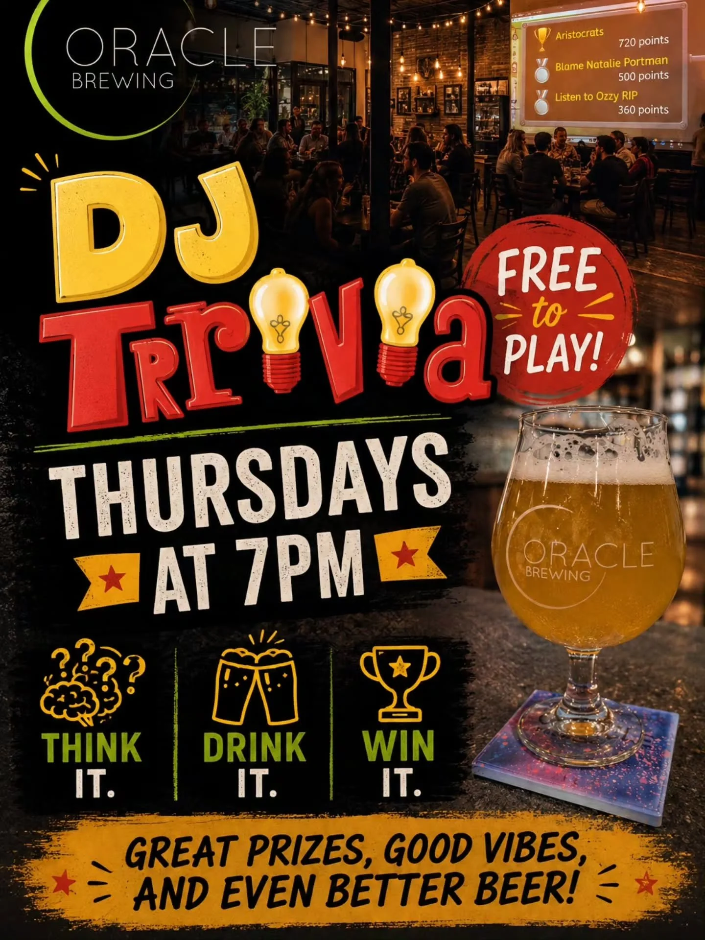 You bring the friends, we&rsquo;ll bring the beer and the questions! 🍻 Gather your team and see if you can outsmart the competition at DJ Trivia every Thursday at 7PM &mdash; FREE to play with prizes for the top 3 winners!