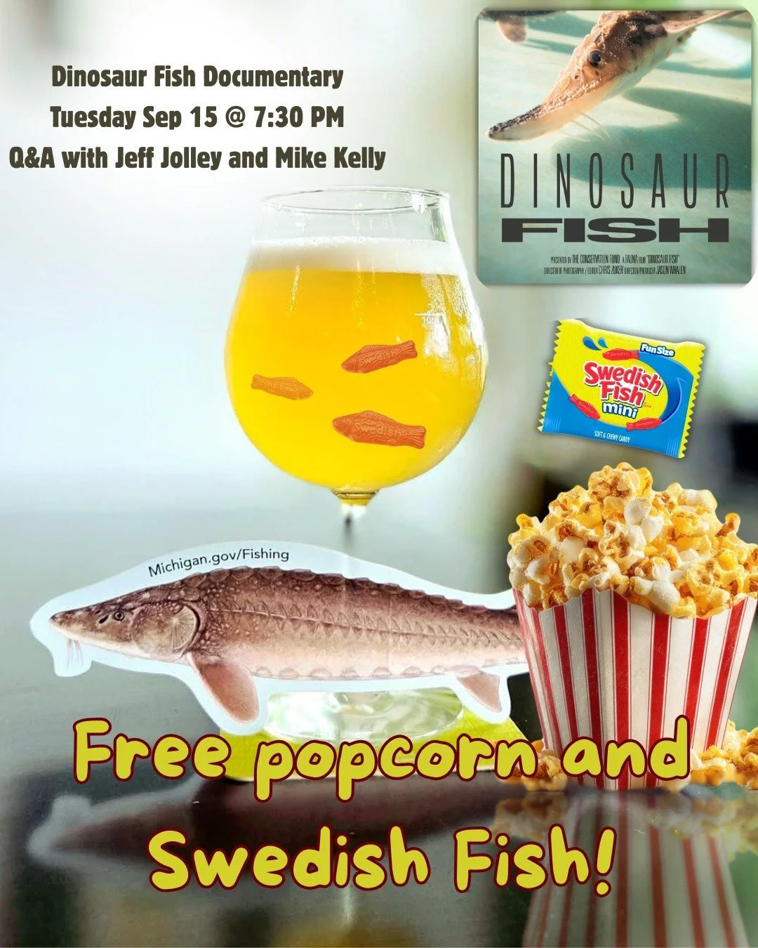 🐟 Join us tomorrow night for a screening of Dinosaur Fish! 🐟

We'll have Living Dinosaur, our oak-aged wild sour, on tap &mdash; perfectly paired with Swedish Fish and popcorn for your snacking pleasure. 🍿🐟

After the documentary, Jeff Jolley and