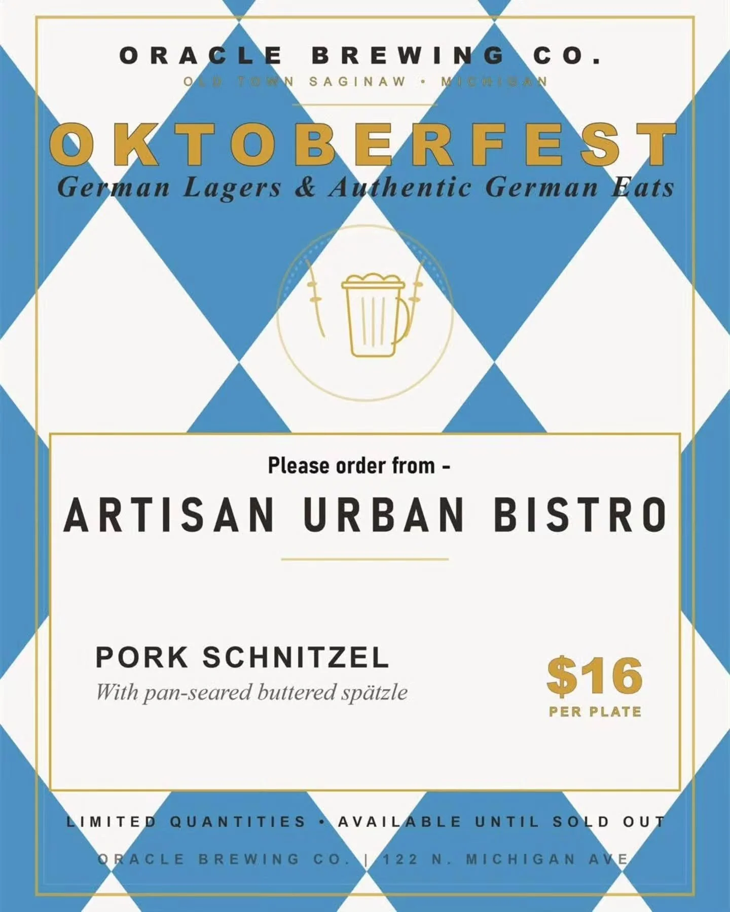 Oktoberfest continues this weekend with German specials from Artisan Urban Bistro!

Thursday &ndash; Brats w/ sauerkraut, stone-ground mustard and German potato salad &ndash; $13

Friday &amp; Saturday &ndash; Pork schnitzel w/ pan-seared buttered sp