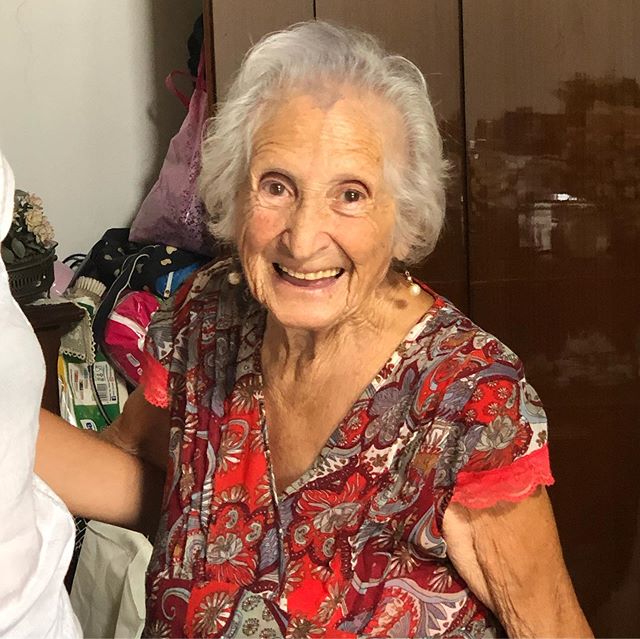 Nearly 96 year old Feni (short for Filomena) who lives on her own up a perilous flight of stairs. She made pizza con escarole for us, actually a kind of fried pie. Second pic is 5&rsquo;10 cameraman Andrea towering over her as she worked. 3rd pic, no