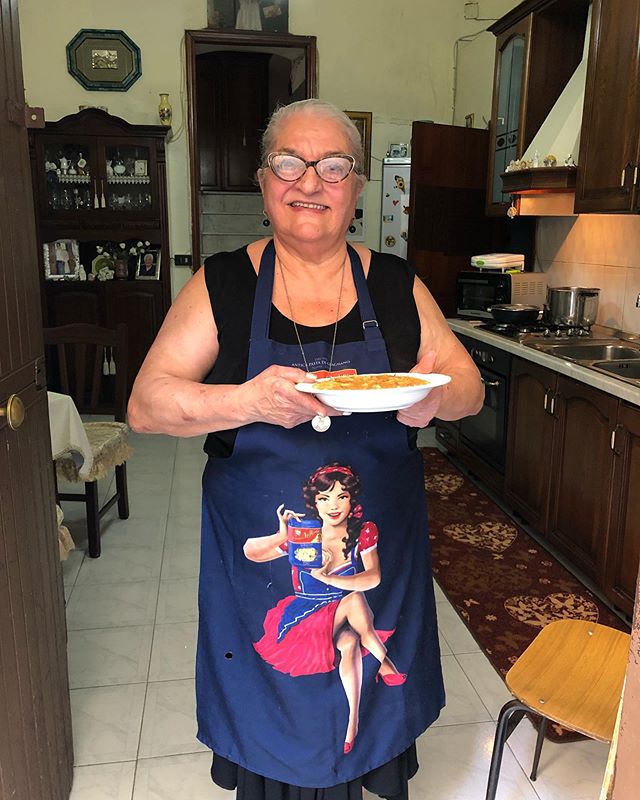 This is Rafaella, with her finished dish of pasta, potato, and provola cheese. It&rsquo;s typical of Naples and double carb heaven. 
PS this is my second attempt at posting this photo so you may be seeing this twice? #pastagrannies