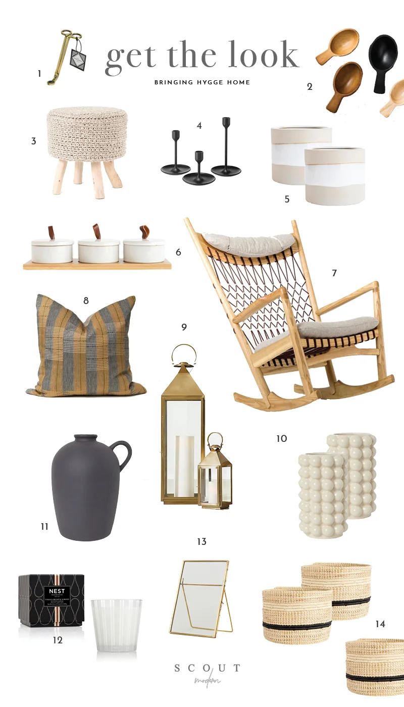 1 . Wick Trimmer | 2. Wooden Spoons | 3. Footstool | 4. Candlesticks | 5. Planter | 6. Canister Set | 7. Rocking Chair | 8. Pillow | 9. Lanterns | 10. Vase | 11. Stoneware Jug | 12. Candle | 13. Picture Frame | 14. Baskets
