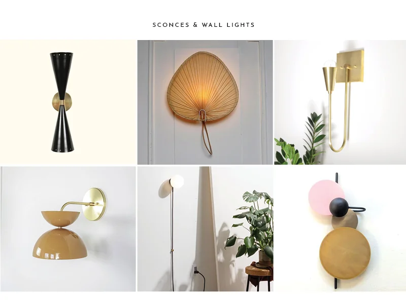 1. Double Cone Sconce | 2. Palm Leaf Wall Light | 3. Harvey Brass Sconce | 4. Flourish Sconce | 5. Hiline Sconce | 6. CANDY sconce