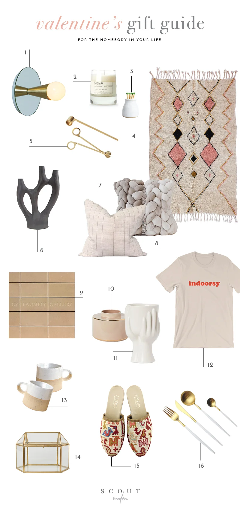 1. Mirrored Sconce | 2. Candle | 3. Milk Bottle Match Striker | 4. Shag Rug | 5. Wick Trimmer and Candle Snuffer | 6. Concrete Candelabra | 7. Hand Died Plaited Pillow | 8. Hemp Striped Pillow | 9. Cy Twombly Gallery Book | 10. Wide Ceramic Vase | 11. Stoneware Vase | 12. Indoorsy Tee | 13. Ceramic Pottery Mug | 14. Mini Greenhouse | 15. Kilim Slides | 16. Flatware