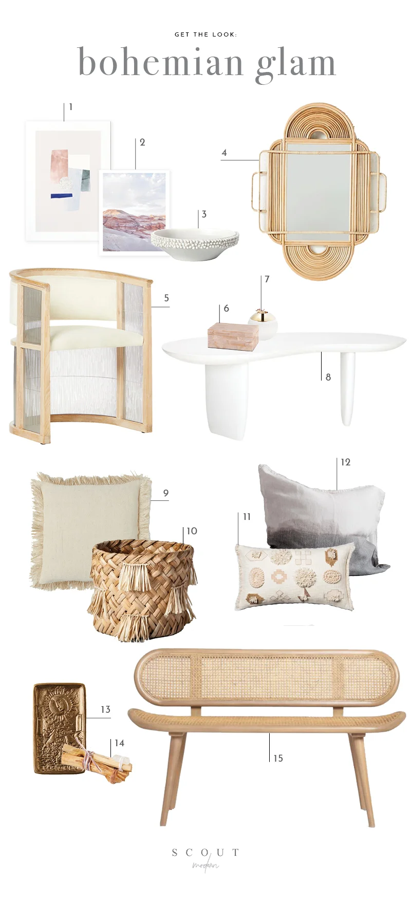 1. Poster Figure No. 3 | 2. Utah Print | 3. Porcelain Tufted Bowl | 4. Sculpted Rattan Mirror | 5. Kaishi Chair | 6. Decorative Resin Box | 7. Curve Ball Match Striker | 8. Jellybean Coffee Table | 9. Fringe Cushion | 10. Natural Fringe Basket | 11. Embroidered Oversized Lumbar | 12. Linen Ombre Died Pillowcase | 13. Tarot Card Catchall | 14. Palo Santo Incense Stick (set of 3) | 15. Cane Bench