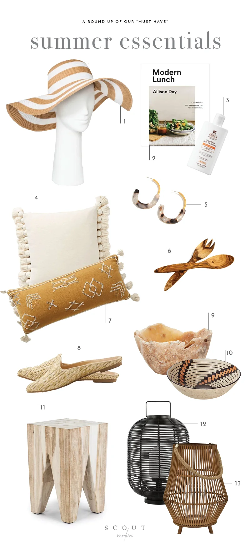 1. Floppy Hat | 2. Modern Lunch | 3. Sunscreen | 4. Cream Tassel Pillow | 5. Tortoiseshell Earrings | 6. Salad Servers | 7. Mustard Embroidered Pillow | 8. Woven Mules | 9. Onyx Serving Bowl | 10. Porta Ceramic Serving Bowl | 11. Tana Stool | 12. Black Lantern | 13. Natural Lantern