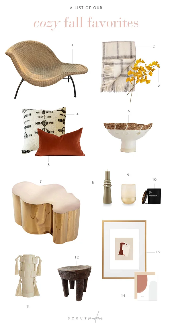 1. Vintage Wicker Chair | 2. Pippa Plaid Blanket | 3. Gingko Stem | 4. Miriam Pillow Cover | 5. Rust Terracotta Velvet Pillow | 6. Decorative Bowl | 7. Rose Gold Cocktail Table | 8. Large Geo Candle | 9. Large Mohave Glass Candle | 10. Brandied Pear Candle | 11. Vase | 12. Vintage African Milk Stool | 13. Oak Gallery Figures Print | 14. Hello Greeting Card