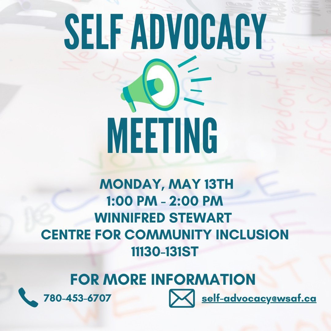 📢 Attention all Self Advocacy Team members and allies! 🤝

Our next meeting is just around the corner! Here's what you need to know:

🗓 Date: Monday, May 13th
⏰ Time: 1 PM to 2 PM
📍 Location: Winnifred Stewart Centre for Community Inclusion 

This