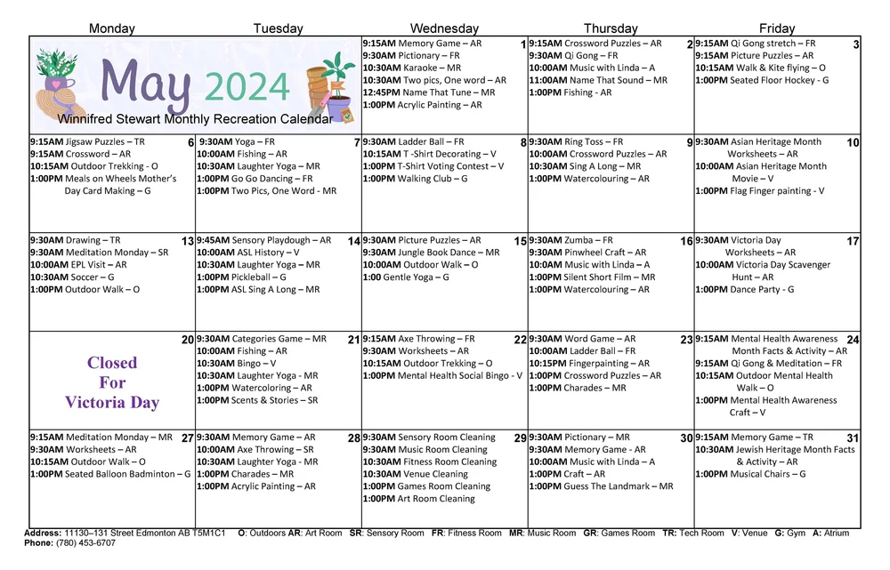 Monthly Recreation Calendar — Winnifred Stewart