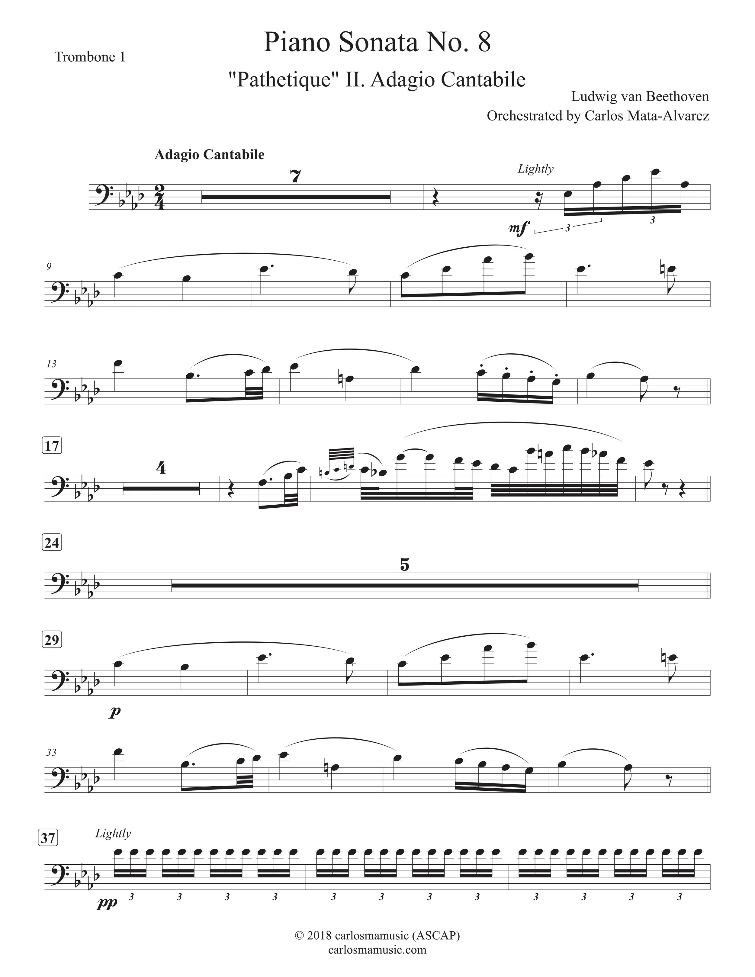 Beethoven Pathetique II Adagio (Trombone Quintet) - Arr Carlos Mata-Alvarez - Trombone 1 Page 1.jpg