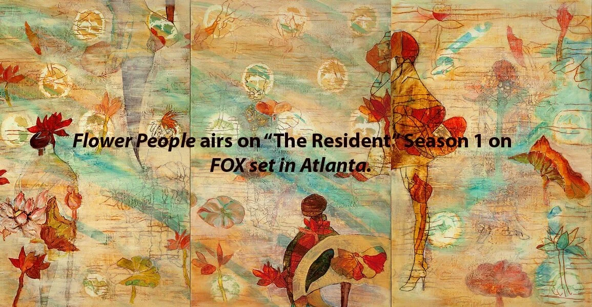 Flower People triptych, encaustic/oil/cold wax on cradled panels, 44x84