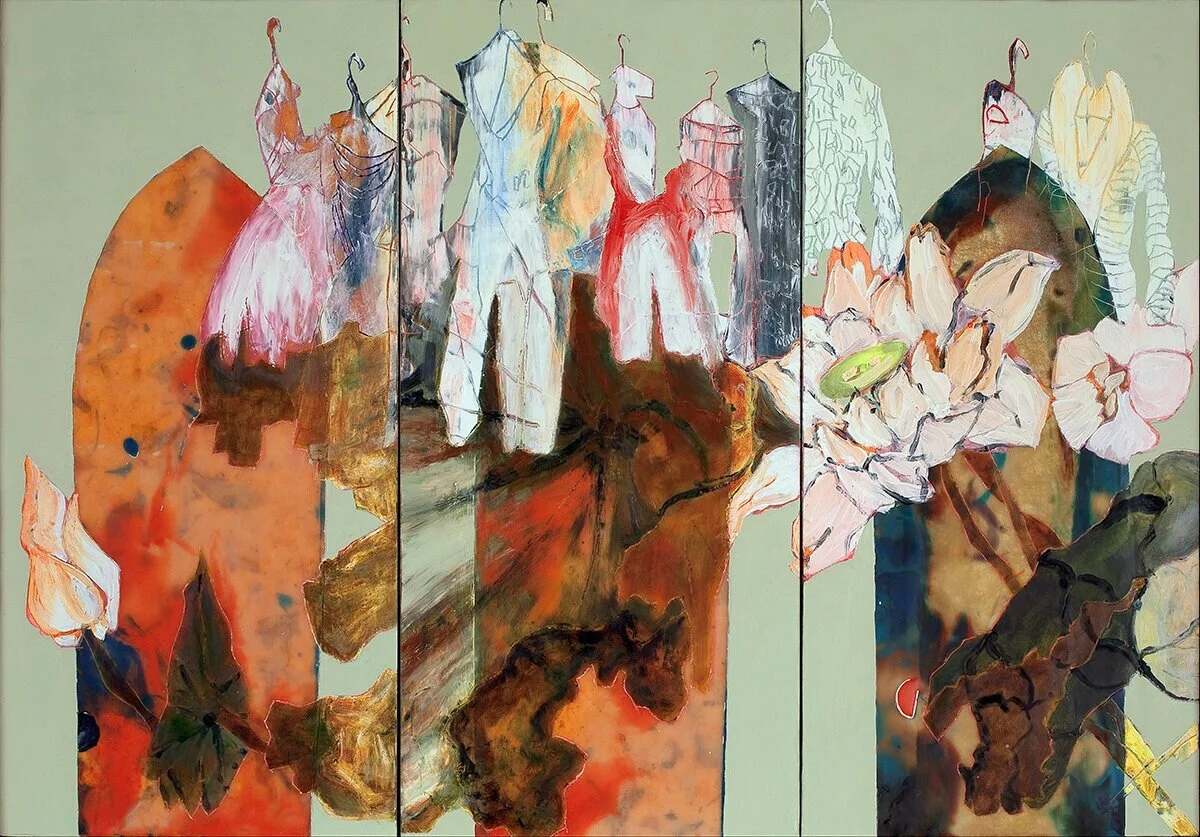 Sacred Space? triptych, encaustic/oil/cold wax on cradled panels, 25x36