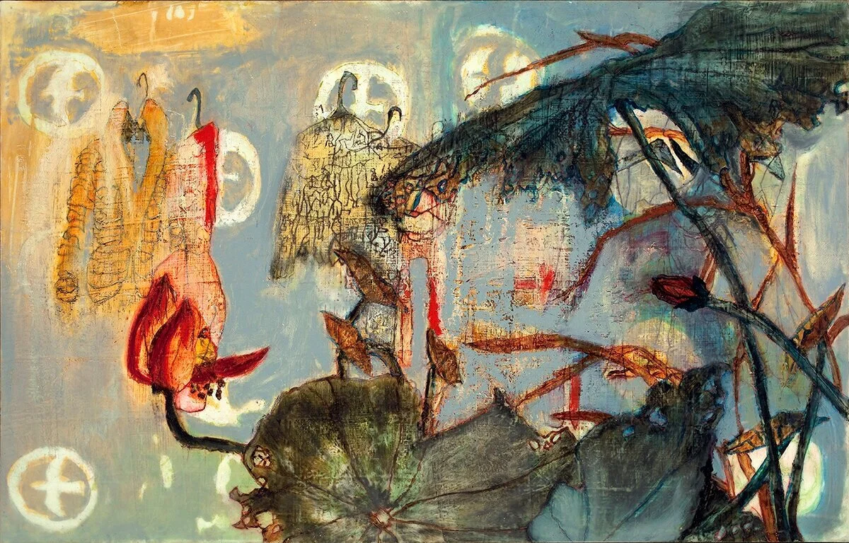The Clothes We Wear, encaustic/oil/cold wax on cradled panel, 28x44