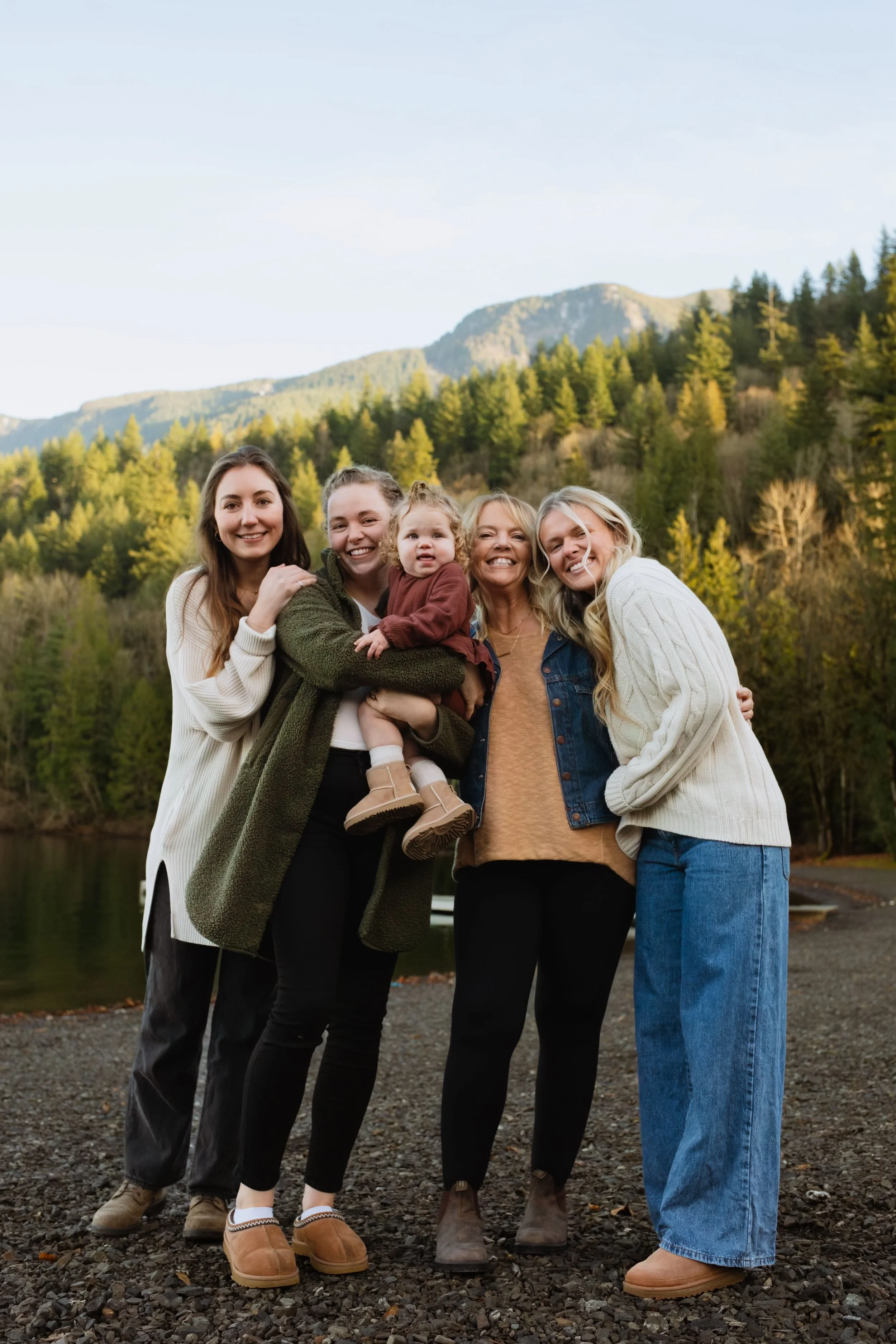 Outdoorsy extended family big smiles at Cultus Lake mountain background