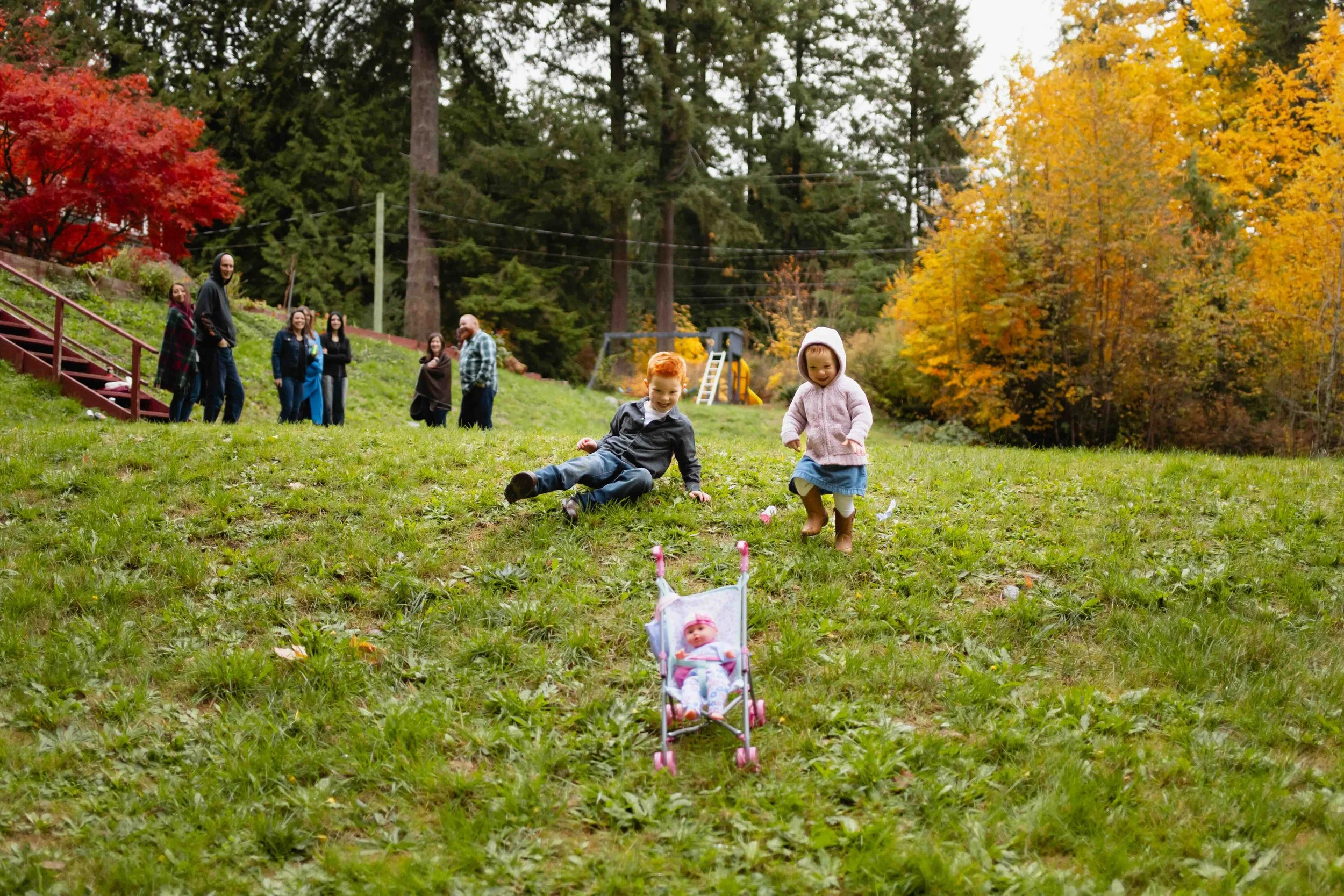 Young children play as extended family watches in distance Vancouver forest fall background