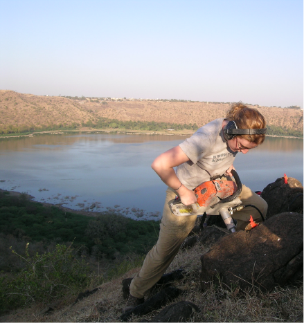 Former Harvard Ph.D. student Karin Louzada drilling basalts at Lonar crater, India.