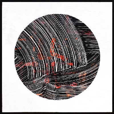 ‘Still Falls The Rain’ Ink, acrylic, spray paint on birch. 58 x 58 cm 2018