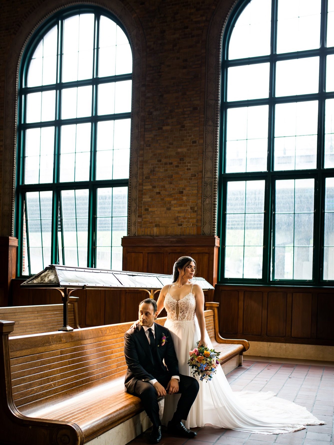 On a rainy day like today, we found shelter from the storm at the Poughkeepsie Train Station for these timeless portraits 

Photographer: @cassondremae_photography 
Venue: @the_grandview 
Florals: @flowersbyangel 
H&amp;MU: @kindredbeautyco 
Dress: @