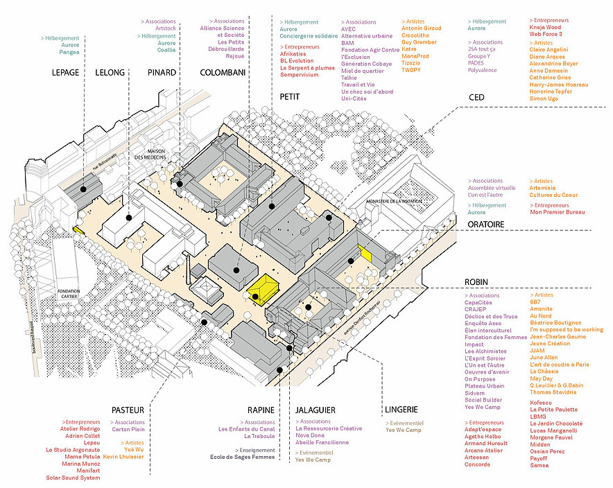 Plan d'aménagement du projet Les Grands Voisins situé dans l'ancien hôpital Saint-Vincent de Paul à Paris