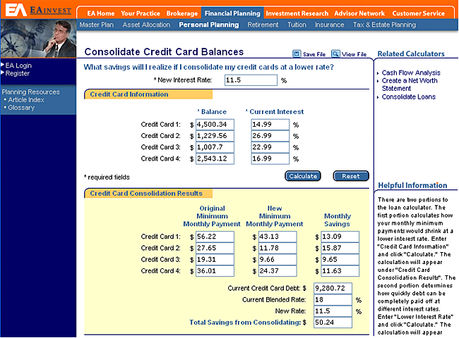   (Image 5. - a more advanced personal finance tool displaying credit card consolidation calculations)  