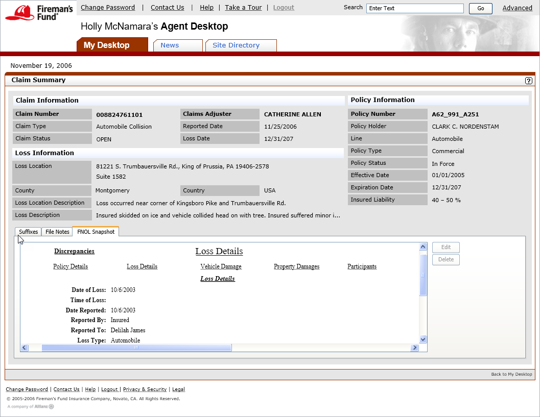   (Above) A section for only viewing a FNOL (First Notice of Loss) document as no changes are allowed  