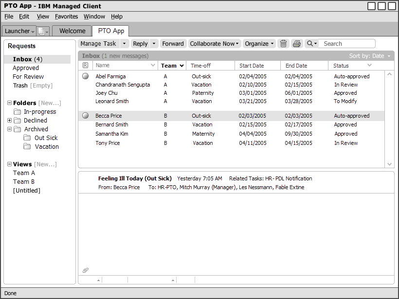   (Above) Simplified exploration of a Personal Time off app using an inbox pattern  