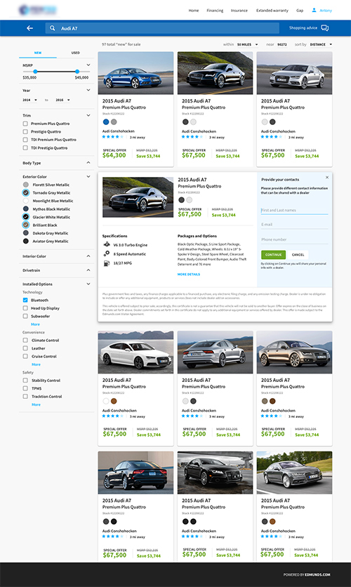 Search Results Page - User has submitted their information to the dealer (the lead). They can use the contact info associated with their membership or they can change it