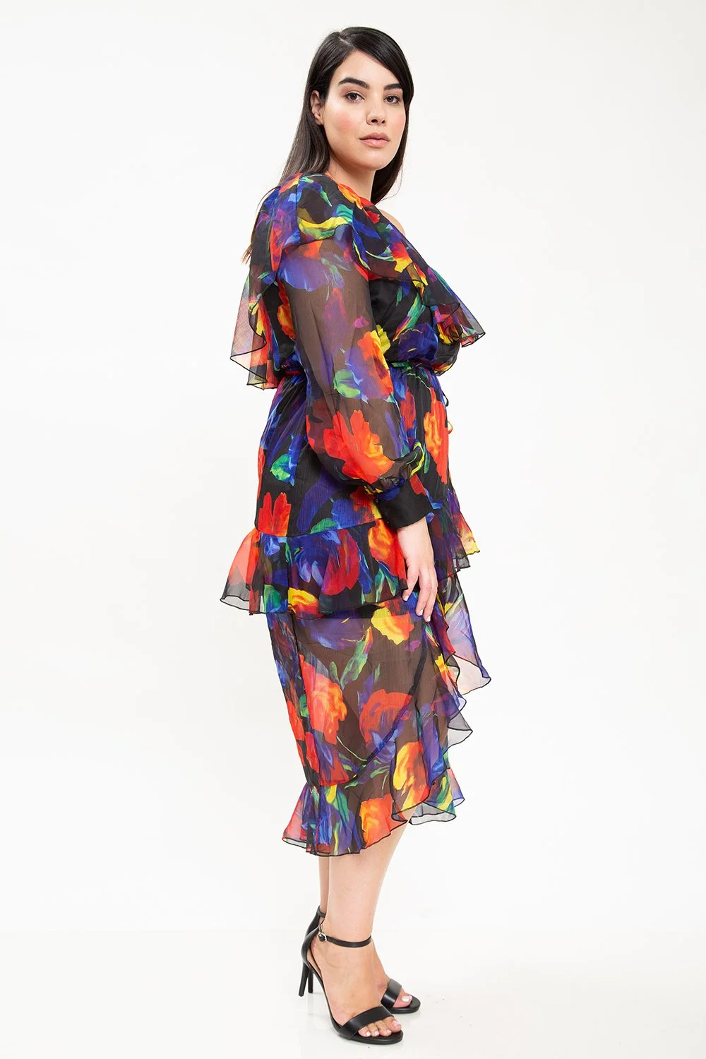 ESHE MULIT FLORAL ONE SHOULDER HIGH LOW HEM RUFFLE DRESS CURVY SIDE.jpg