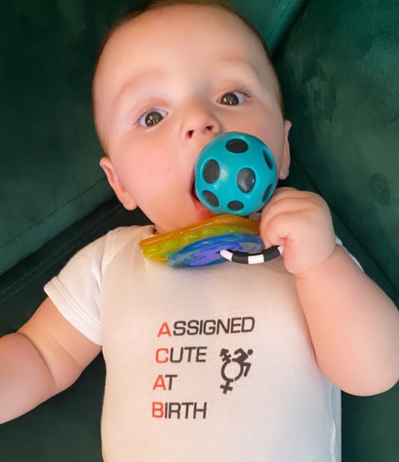 Yesterday people were saying that my &ldquo;Assigned Cute At Birth&rdquo; shirt should come in baby sizes, so I&rsquo;m here to inform you that it already does!! Here is @ranch_stressing &lsquo;s lil beeb in his fave onesie (gifted by @sh0p_rat !)
Th