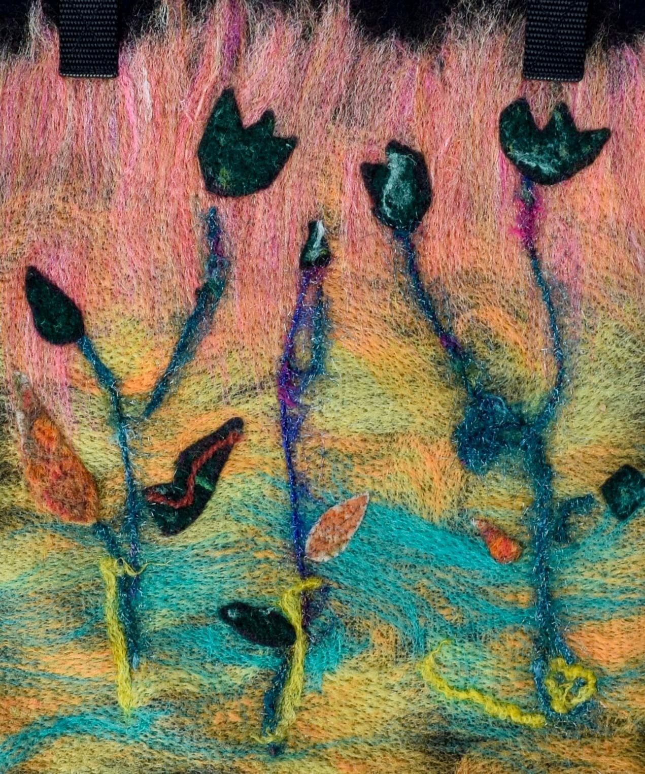 Felted bag fancy flowers closeup