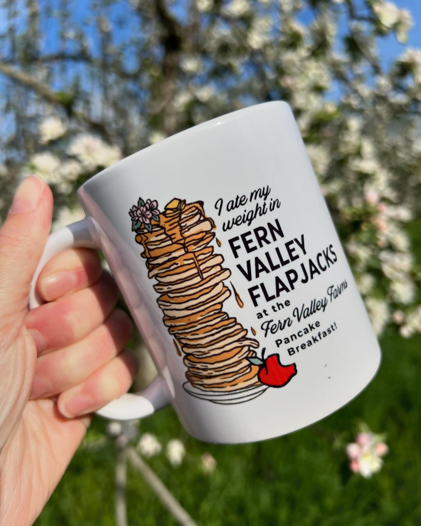 🥞VERY RARE🥞 limited edition pancake merch designed for @fern_valley_farms ! Coffee mugs commemorating the innaugural Apple Blossom Pancake Breakfast this weekend. Only 50 mugs to be had - get yours up at the orchard and get ready to EAT 👏🥞🥞🥞🥞?