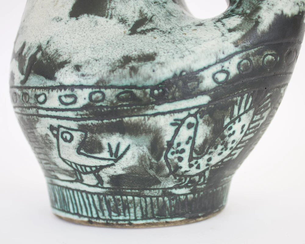 Jacques Blin French Ceramic Blue Scrafitto Pitcher With