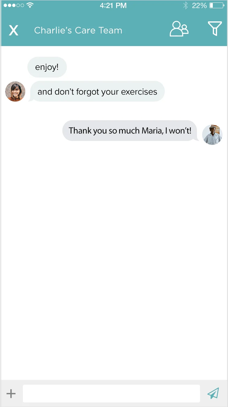 Charlie wants to report his bluish skin to his care team, so he enters the chat conversation.