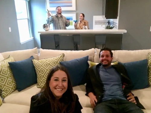 Previewing homes in Boerne! Testing out the media room. 