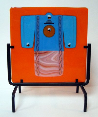 "Blue Kimono on Orange" - Fused Glass (12" square) 
