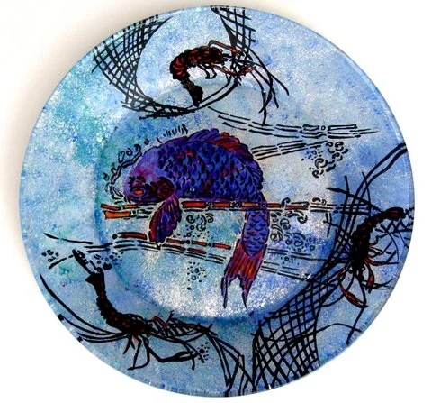 "The Catch" - Reverse Glass Painting (16" circle)