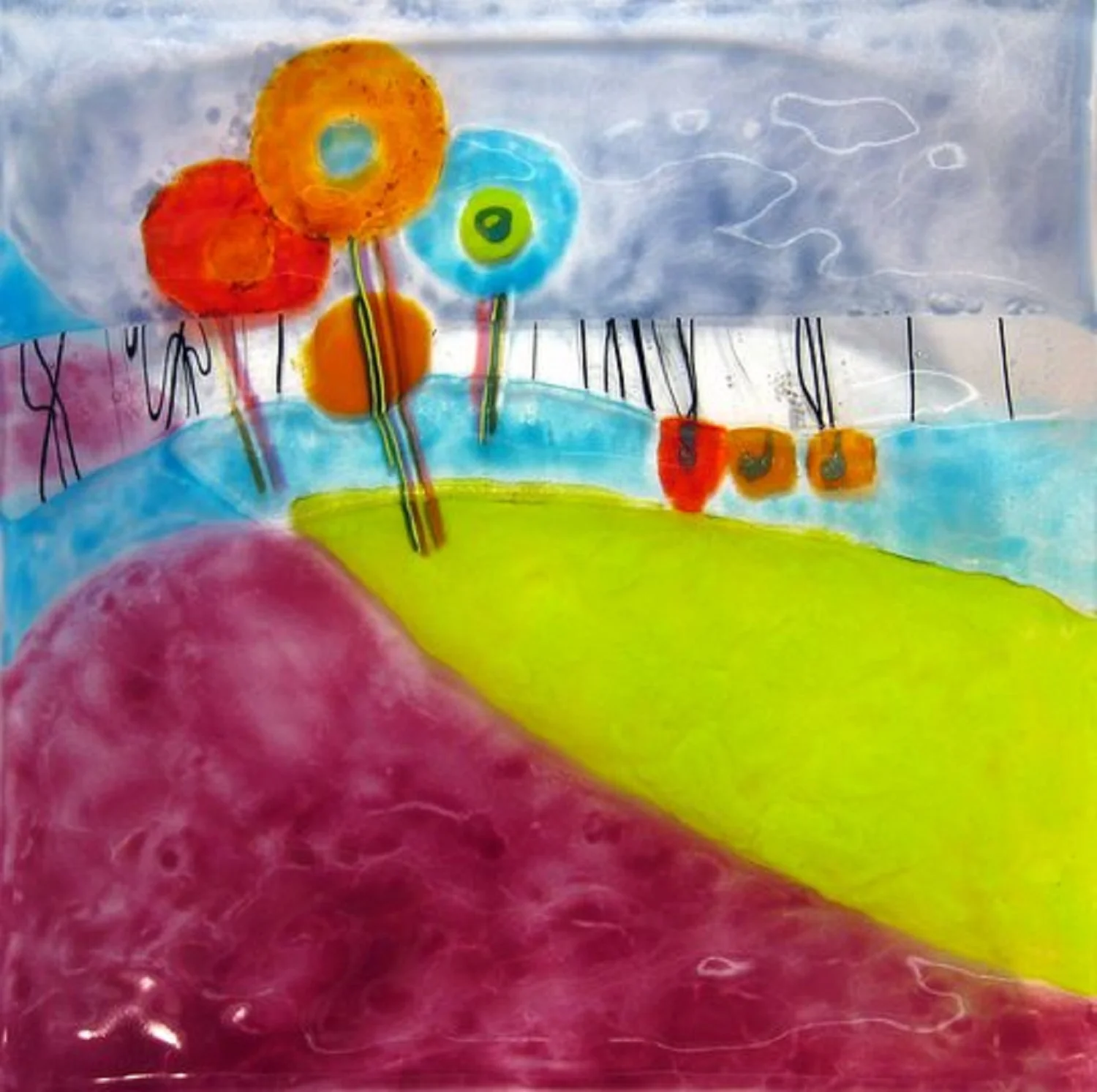 "Hundertwasser Trees" - Fused Glass (12" square)