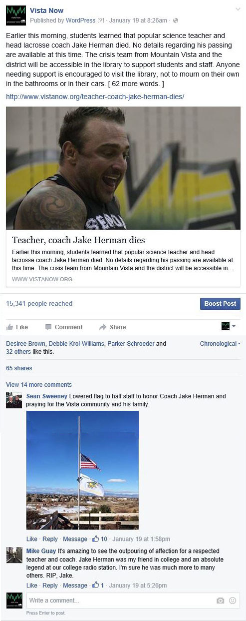 When a science teacher Jake Herman passed away, the news was broken to many via social media. The majority of the traffic to the story came from Facebook.